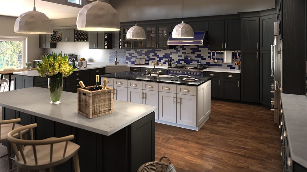 Dark two-tone kitchen with white island and blue mosaic backsplash by 1 Stop Cabinets